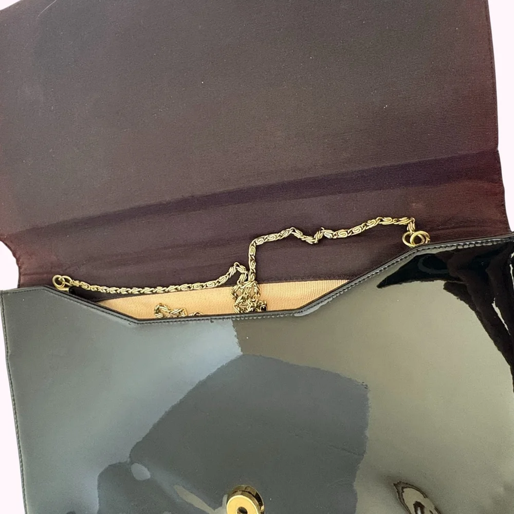 Black Patent Vinyl Envelope Clutch Gold Chain Vintage