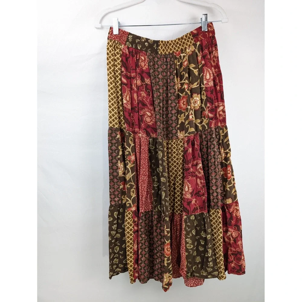Vtg Y2K Patchwork Floral Tiered Maxi Skirt Sz L Cottagecore Prairie Hippie Boho