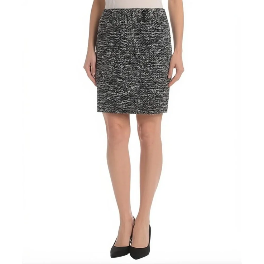 ANN‎ TAYLOR PETITE Skirt 00P Black White Pencil Mini Tweed Classic Sophisticated