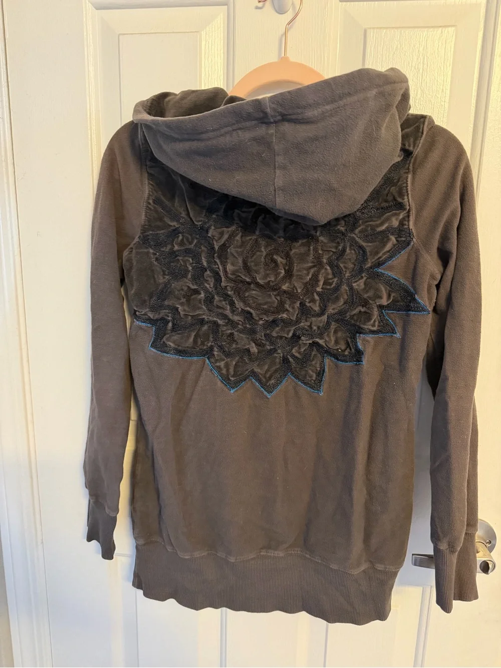 Free People Grey Hooded Pullover Sweatshirt with Purple Buttons