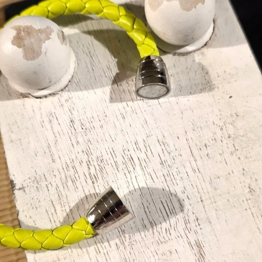 Braided Thick Bright Yellow Vegan Leather Magnetic Clasp Bangle Bracelet