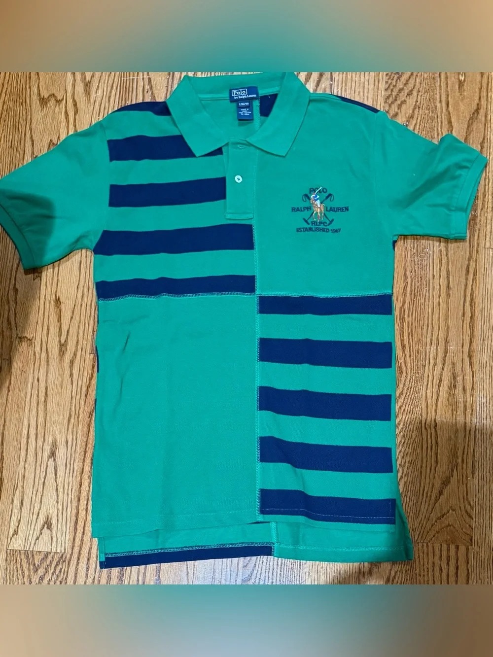 Ralph Lauren Green Polo with Navy Stripes and Embroidered Logo