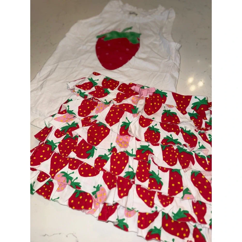 Hatley Girls Strawberry Tank Top and Tiered Ruffle Skirt Set White Red Size 6‎