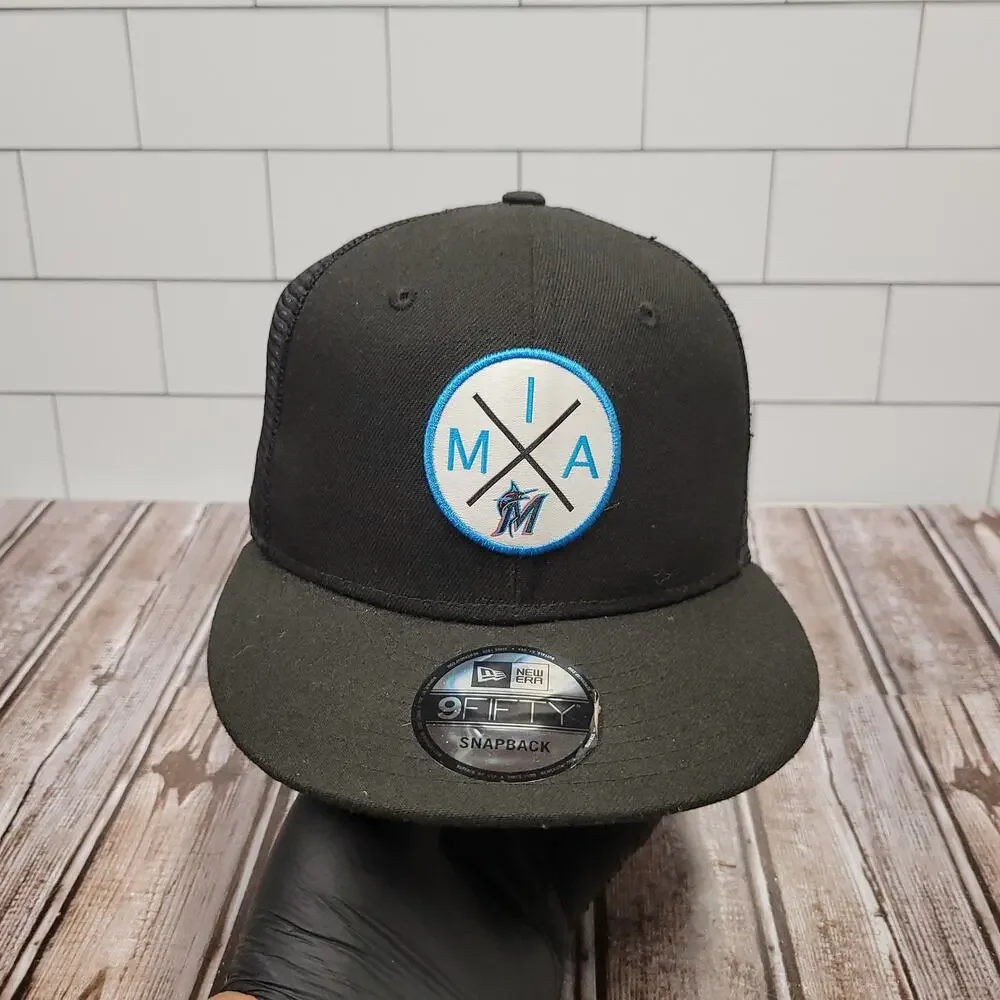 New Era 9FIFTY MLB Miami Marlins MIA Logo Trucker Snapback Hat Black OSFM