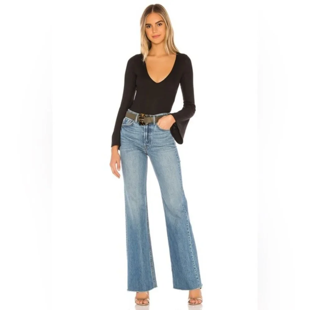 Free People Charli‎ Ribbed V-Neck Bodysuit Women’s Medium Black Bell Sleeve