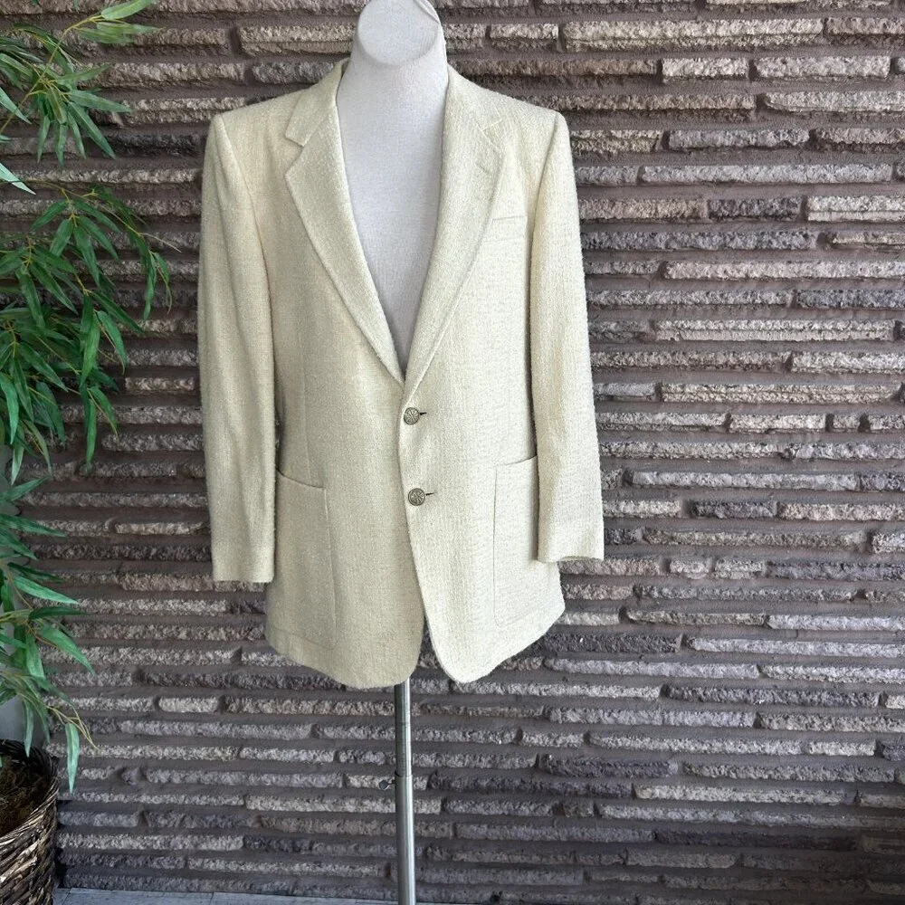 Adolfo Men's Vintage 80s Wool Blend Cream Nubby Sports Coat Blazer Size 40R
