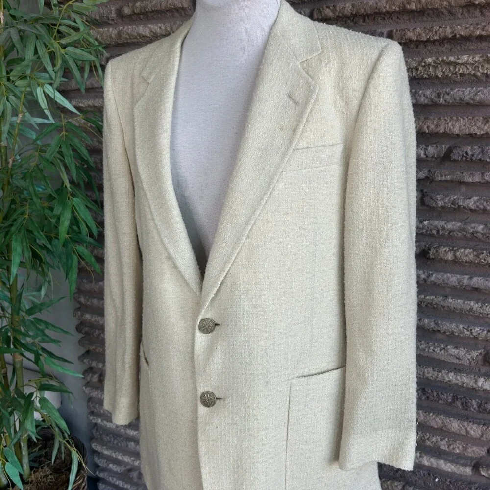 Adolfo Men's Vintage 80s Wool Blend Cream Nubby Sports Coat Blazer Size 40R