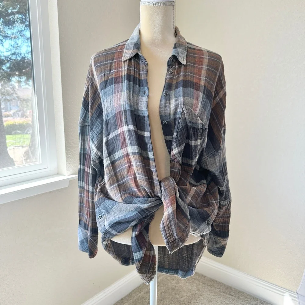 Free People Year Round Button Down Shirt M Plaid Soft Gauze Earthy Boho Festival
