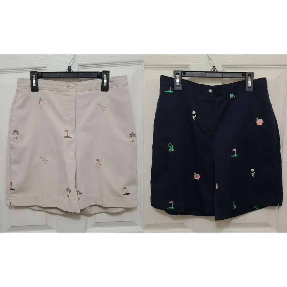 x2 Coral Bay Golf Women's Elastic Waist Golf Shorts‎ Embroidered Blue/Tan Sz 6P