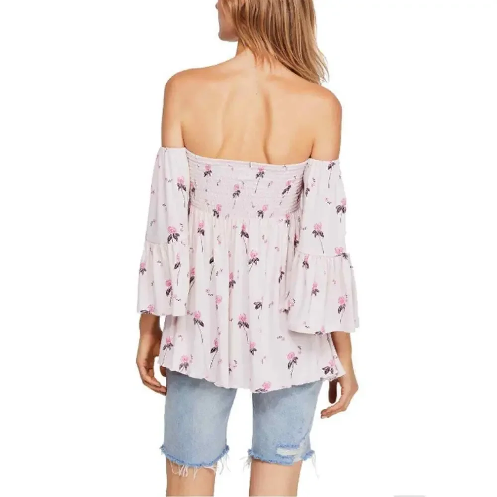 FREE PEOPLE Lana Pale Pink Blush Off the Shoulder Floral Print Tunic // S