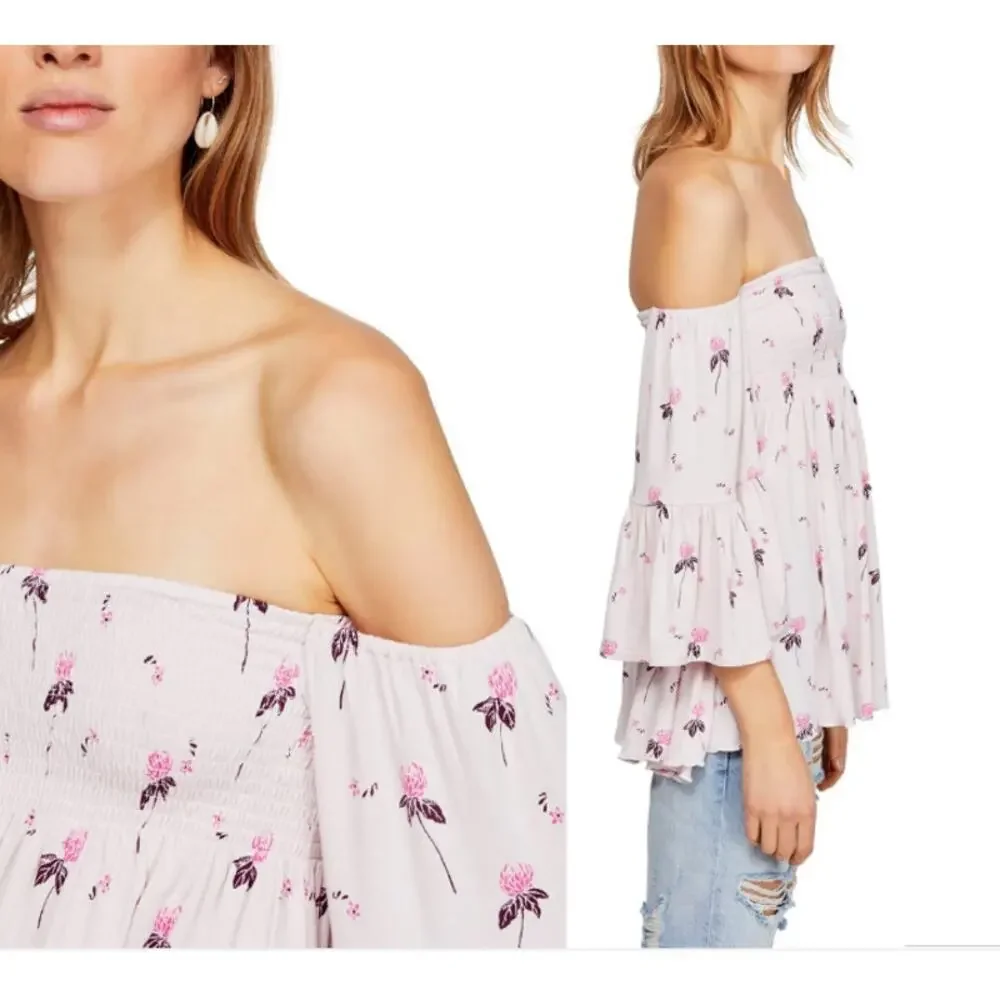 FREE PEOPLE Lana Pale Pink Blush Off the Shoulder Floral Print Tunic // S