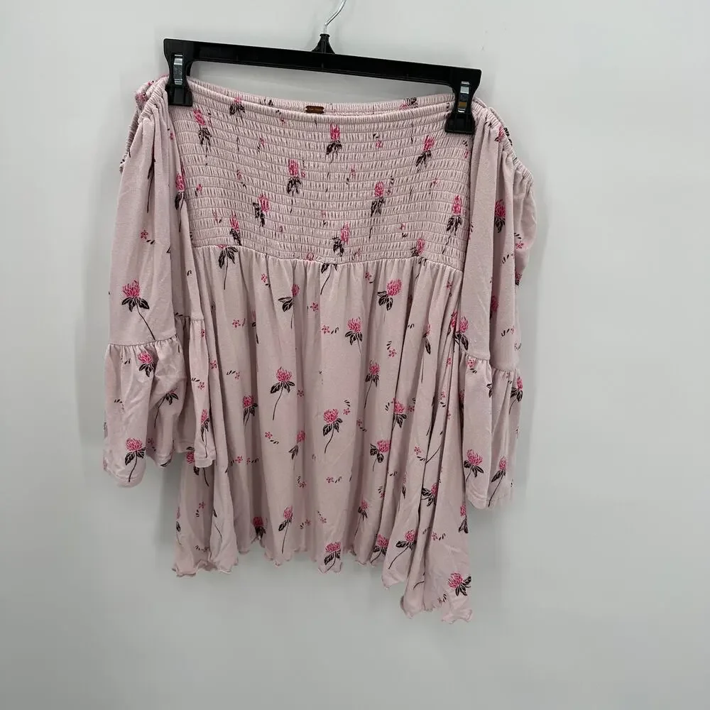 FREE PEOPLE Lana Pale Pink Blush Off the Shoulder Floral Print Tunic // S