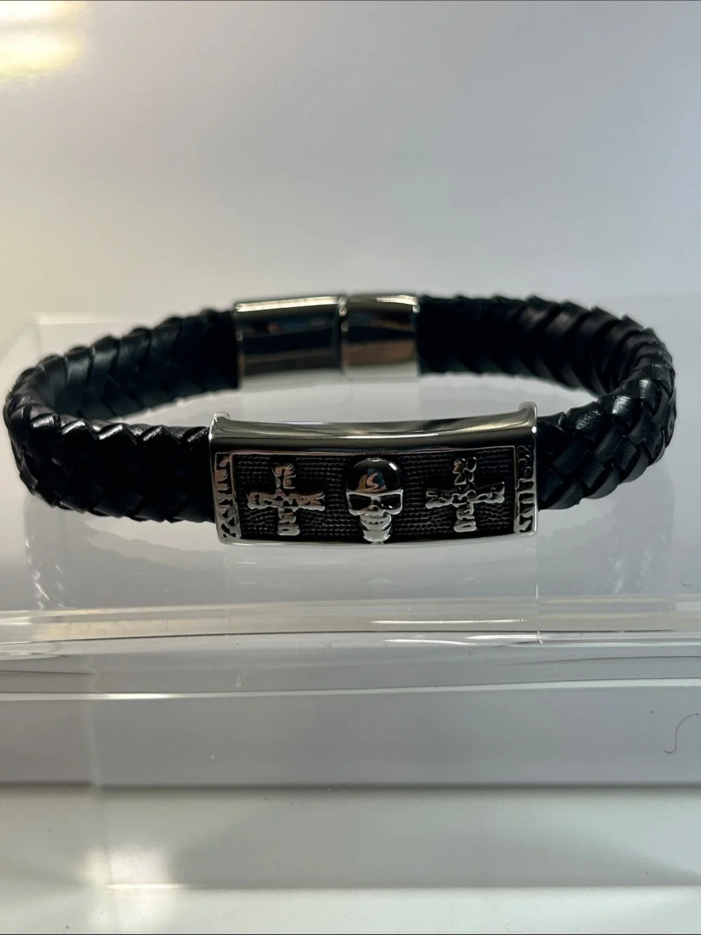NWT Braided Vegan Leather Stainless Steel Skull & Maltese Cross Bracelet