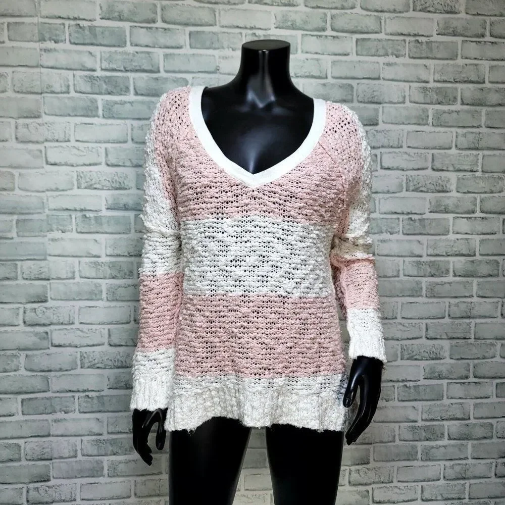Free People Womens XS Oversized SongBird Pink Striped‎ Chunky Open Knit Sweater