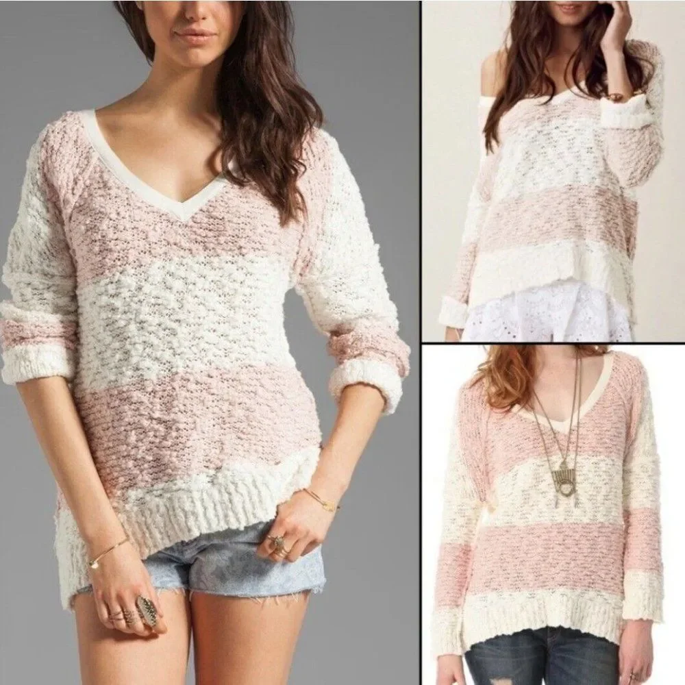 Free People Womens XS Oversized SongBird Pink Striped‎ Chunky Open Knit Sweater