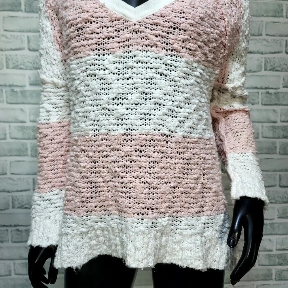 Free People Womens XS Oversized SongBird Pink Striped‎ Chunky Open Knit Sweater