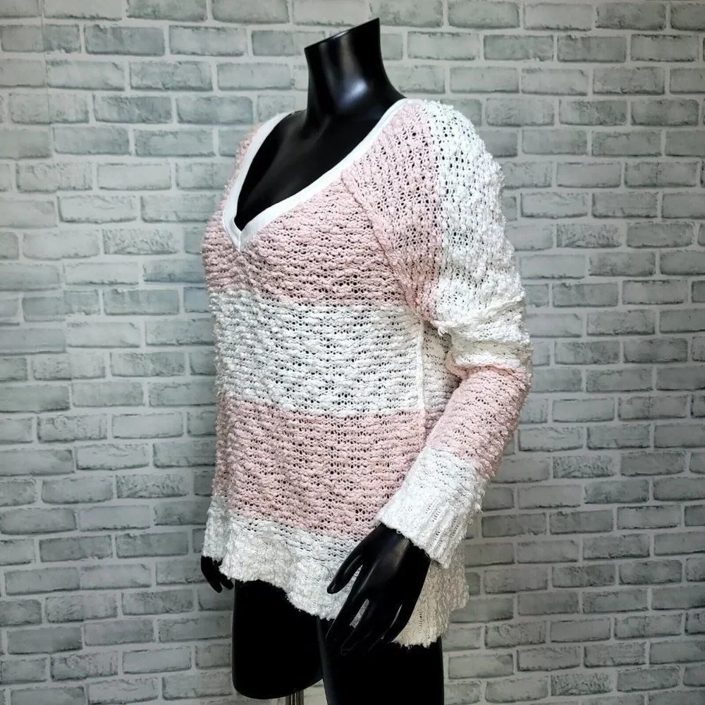 Free People Womens XS Oversized SongBird Pink Striped‎ Chunky Open Knit Sweater