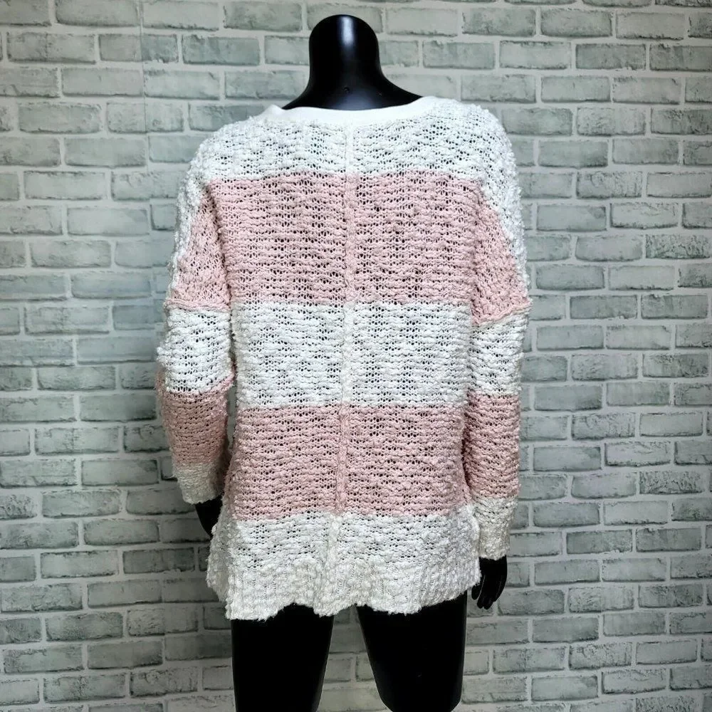 Free People Womens XS Oversized SongBird Pink Striped‎ Chunky Open Knit Sweater
