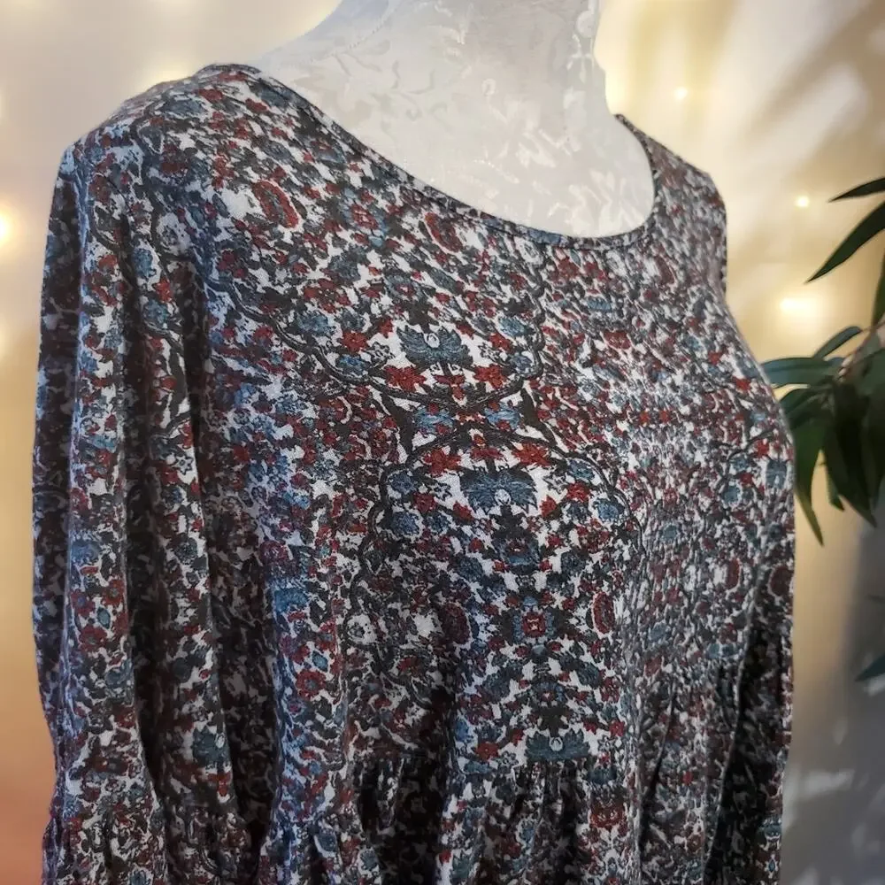 Free People Floral Linen Blend Cropped Babydoll Oversized Top Women's M