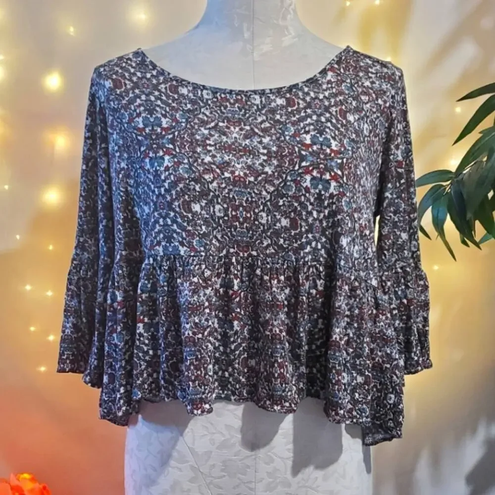 Free People Floral Linen Blend Cropped Babydoll Oversized Top Women's M