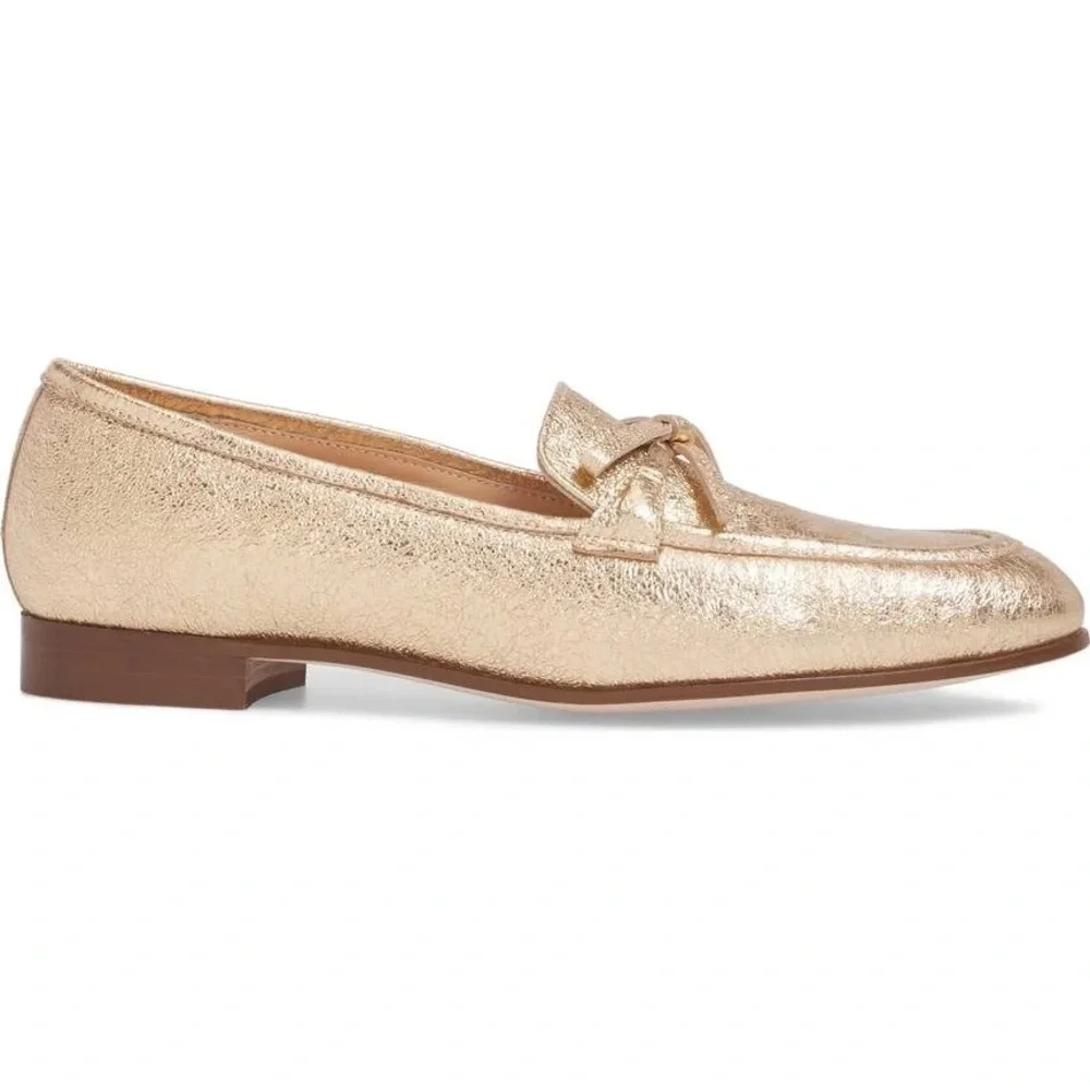 J. Crew The Academy Leather Metallic Gold Womens Almond Toe Loafers H1872 Size 8