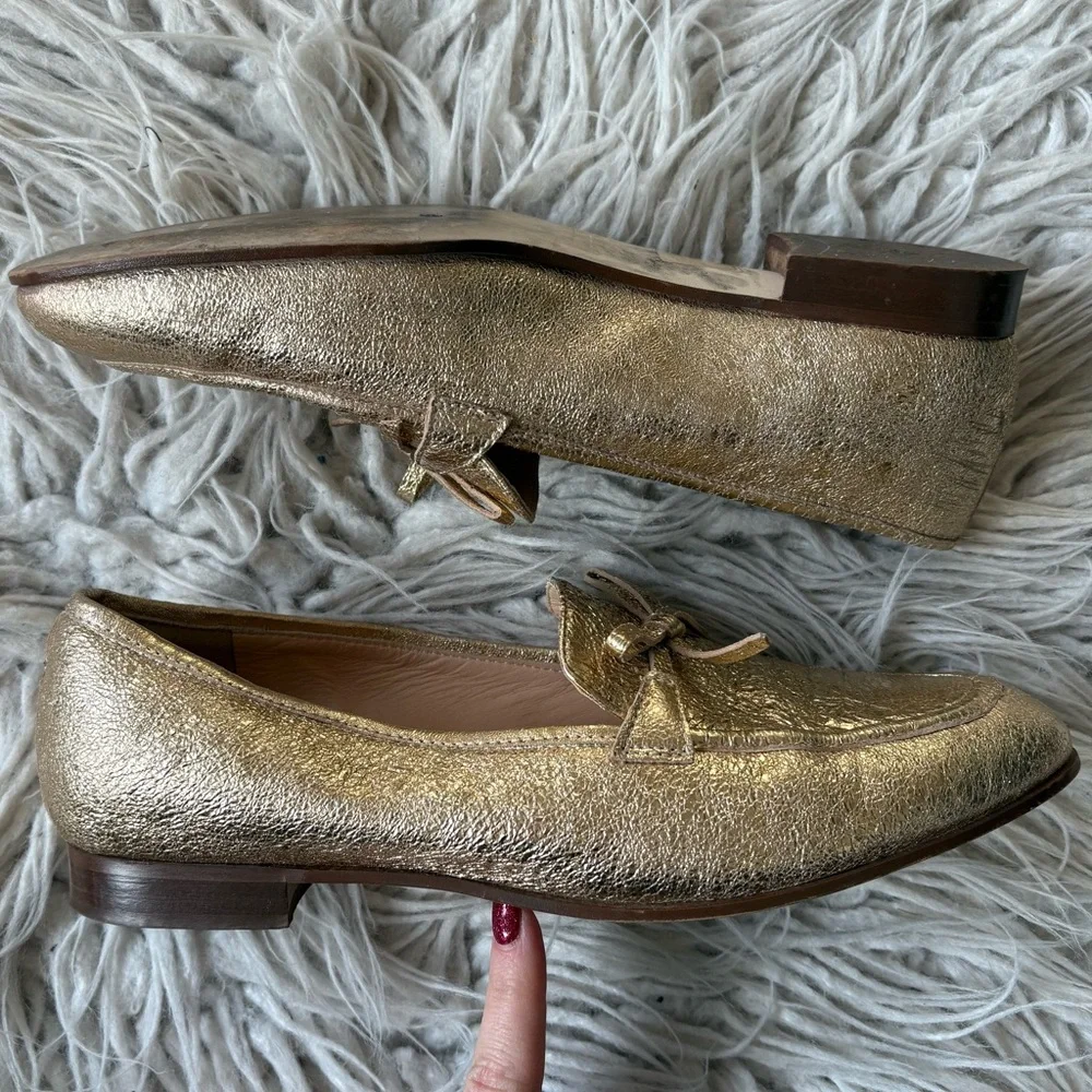 J. Crew The Academy Leather Metallic Gold Womens Almond Toe Loafers H1872 Size 8
