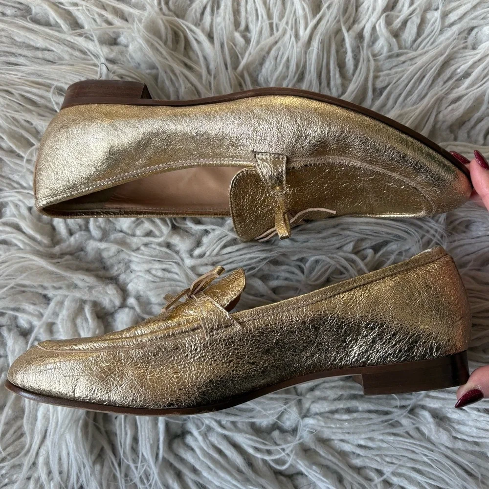 J. Crew The Academy Leather Metallic Gold Womens Almond Toe Loafers H1872 Size 8