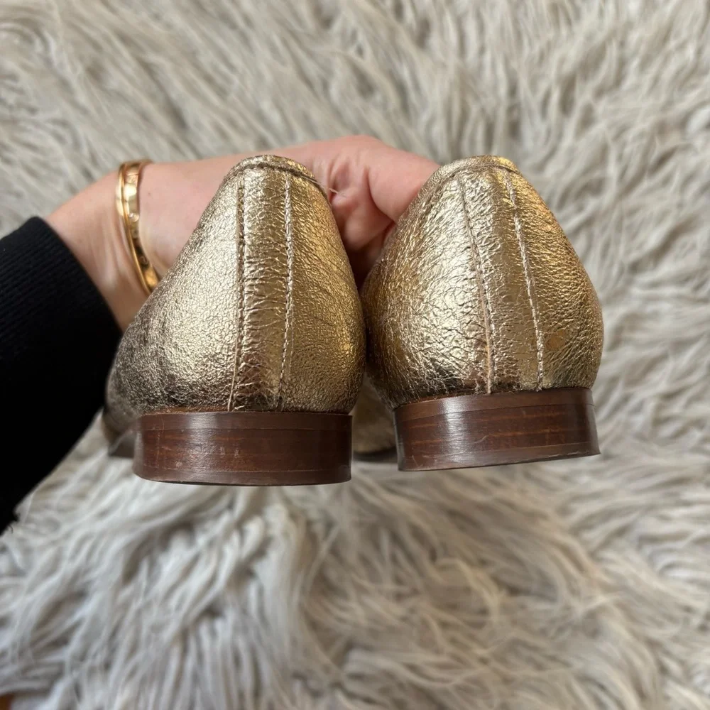 J. Crew The Academy Leather Metallic Gold Womens Almond Toe Loafers H1872 Size 8
