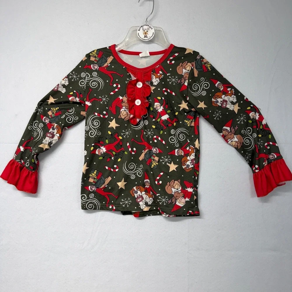 Kids Christmas Elf‎ Pajama Set Long Sleeve Pants Ruffle Red Green 3XL 7-8T