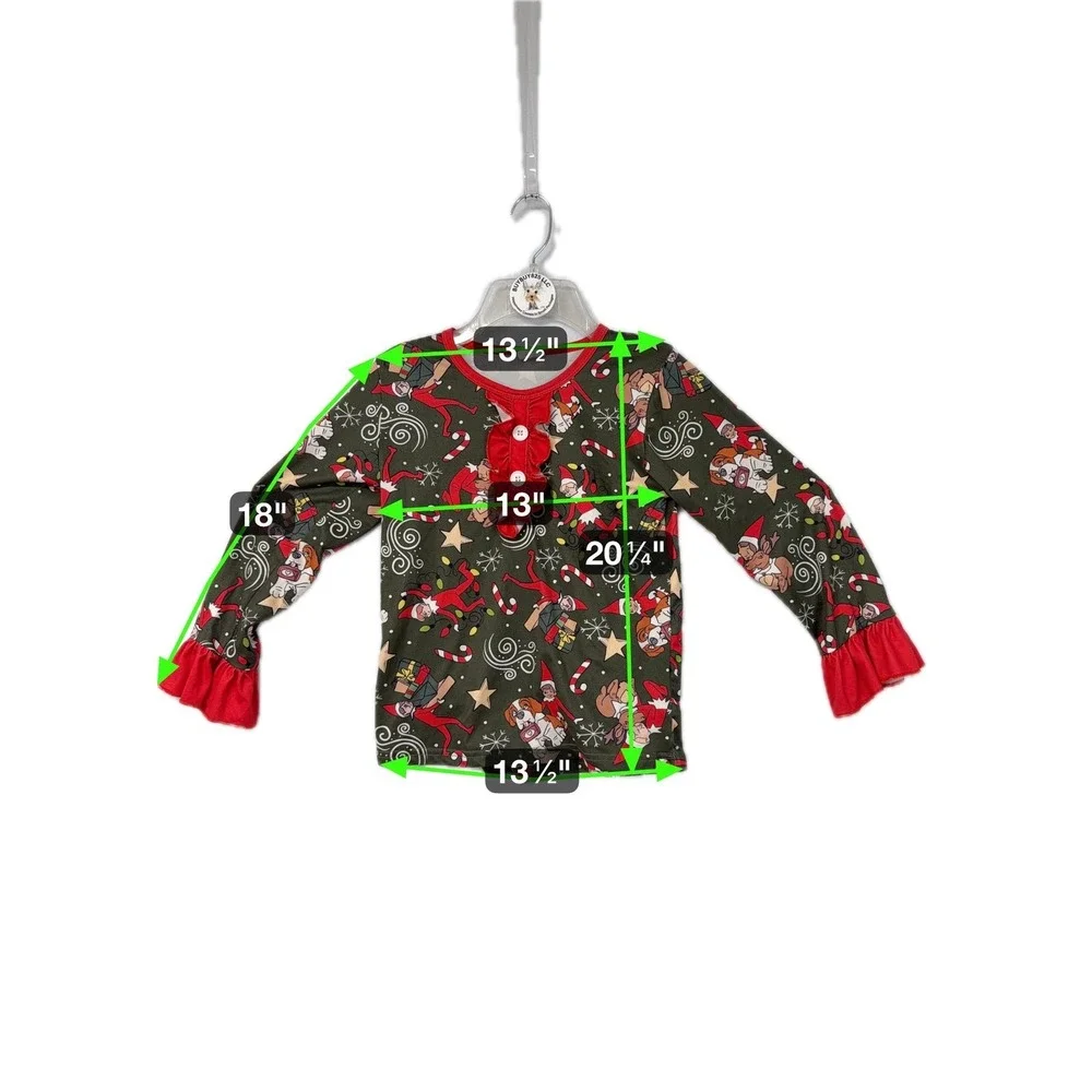 Kids Christmas Elf‎ Pajama Set Long Sleeve Pants Ruffle Red Green 3XL 7-8T
