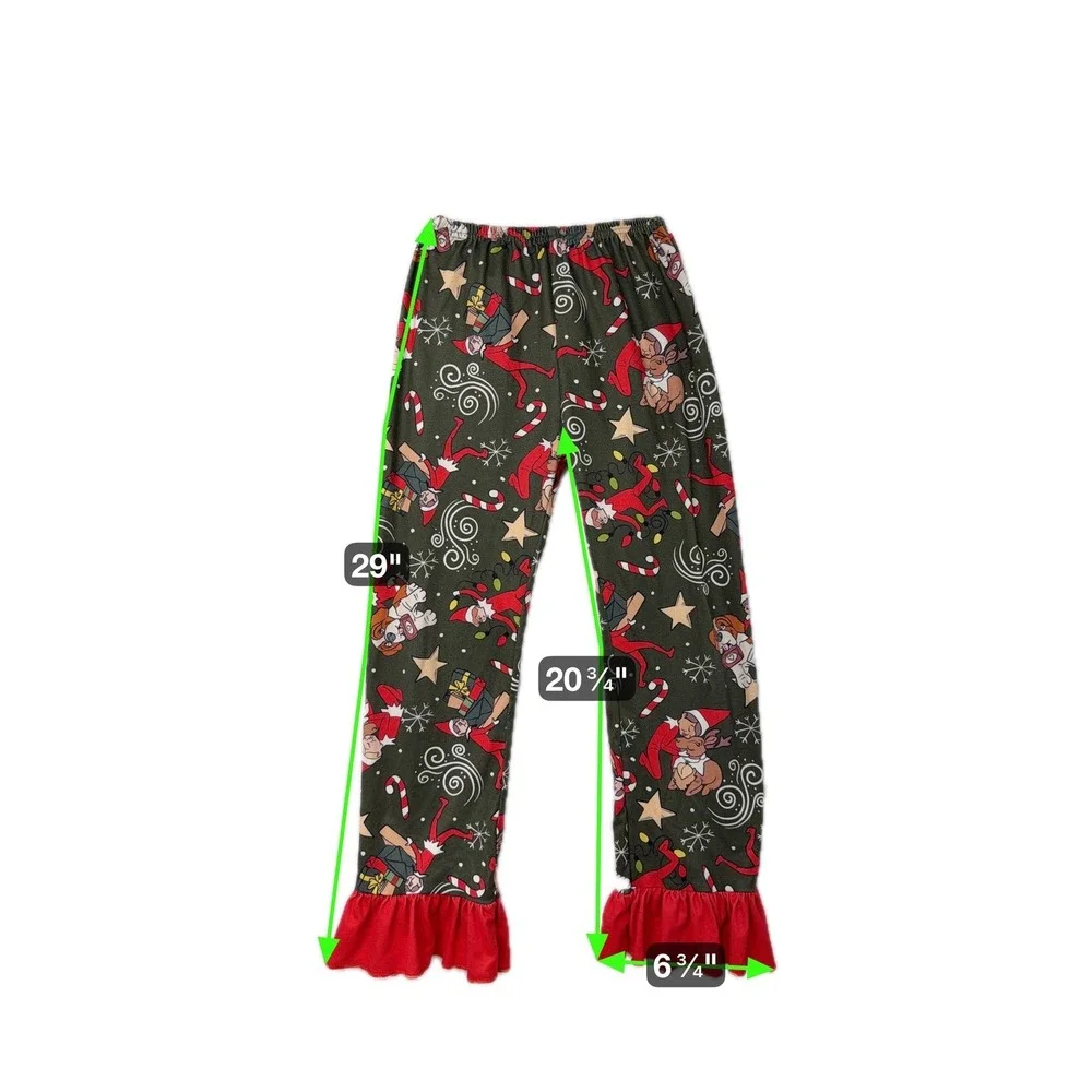 Kids Christmas Elf‎ Pajama Set Long Sleeve Pants Ruffle Red Green 3XL 7-8T