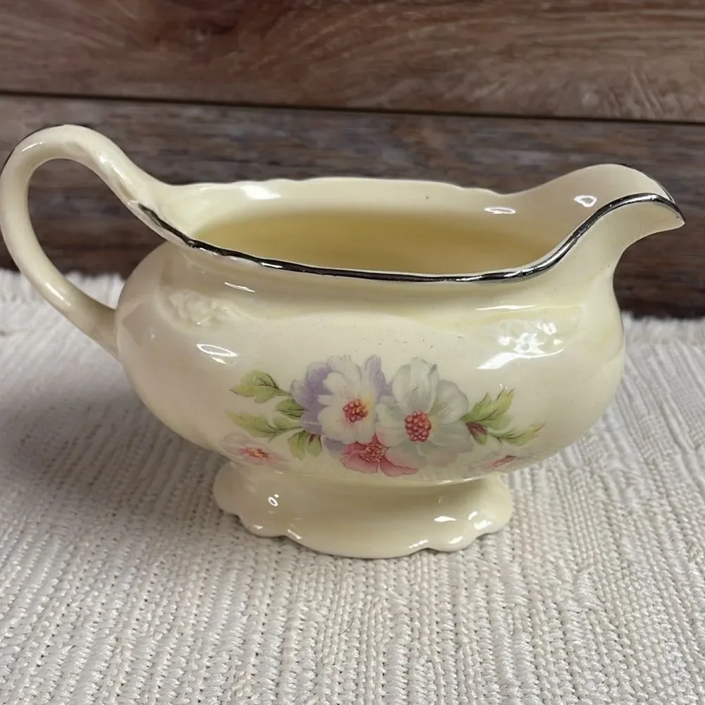Creamer China Pitcher Fluffy Rose 1 (Platinum Trim) by HOMER LAUGHLIN
