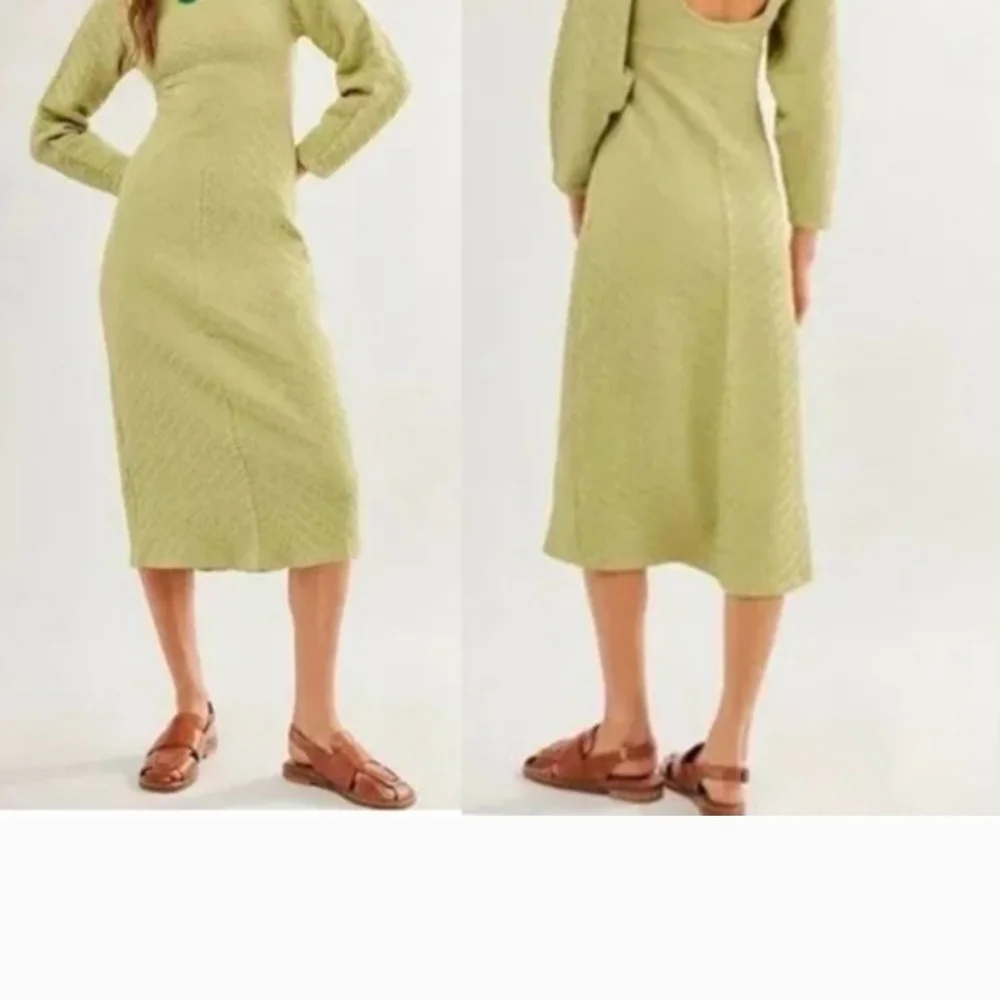 Anthropologie Free People Midi Dress Open Back Green Boho Fitted Long Sleeve