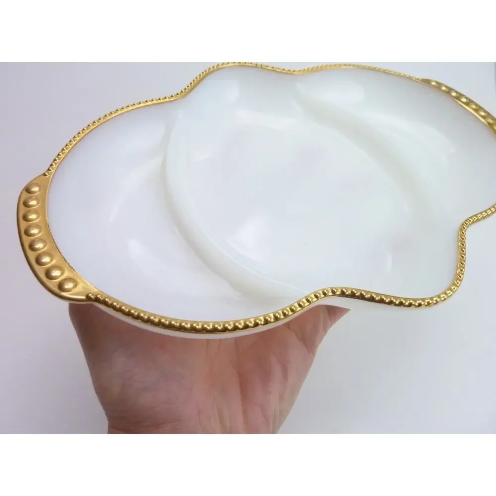 Fire King Vintage Milk Glass Divided Serving Dish Gold Trim White 11x7.5