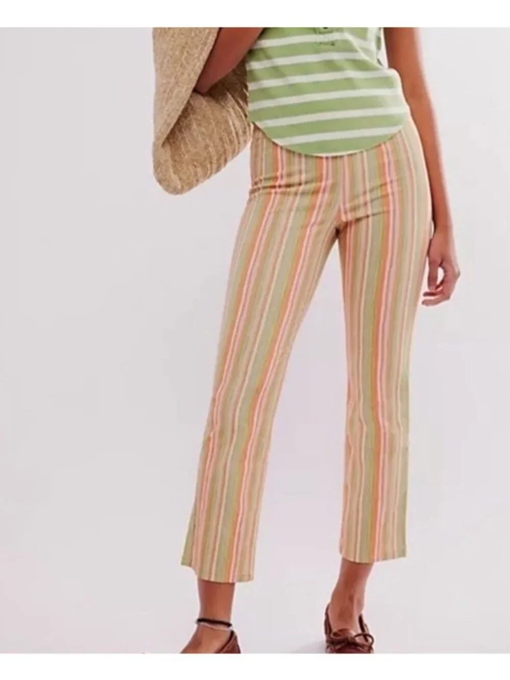 Free People Women's Sz S In My Feelings Green Orange Pink Stripe Cropped Pants