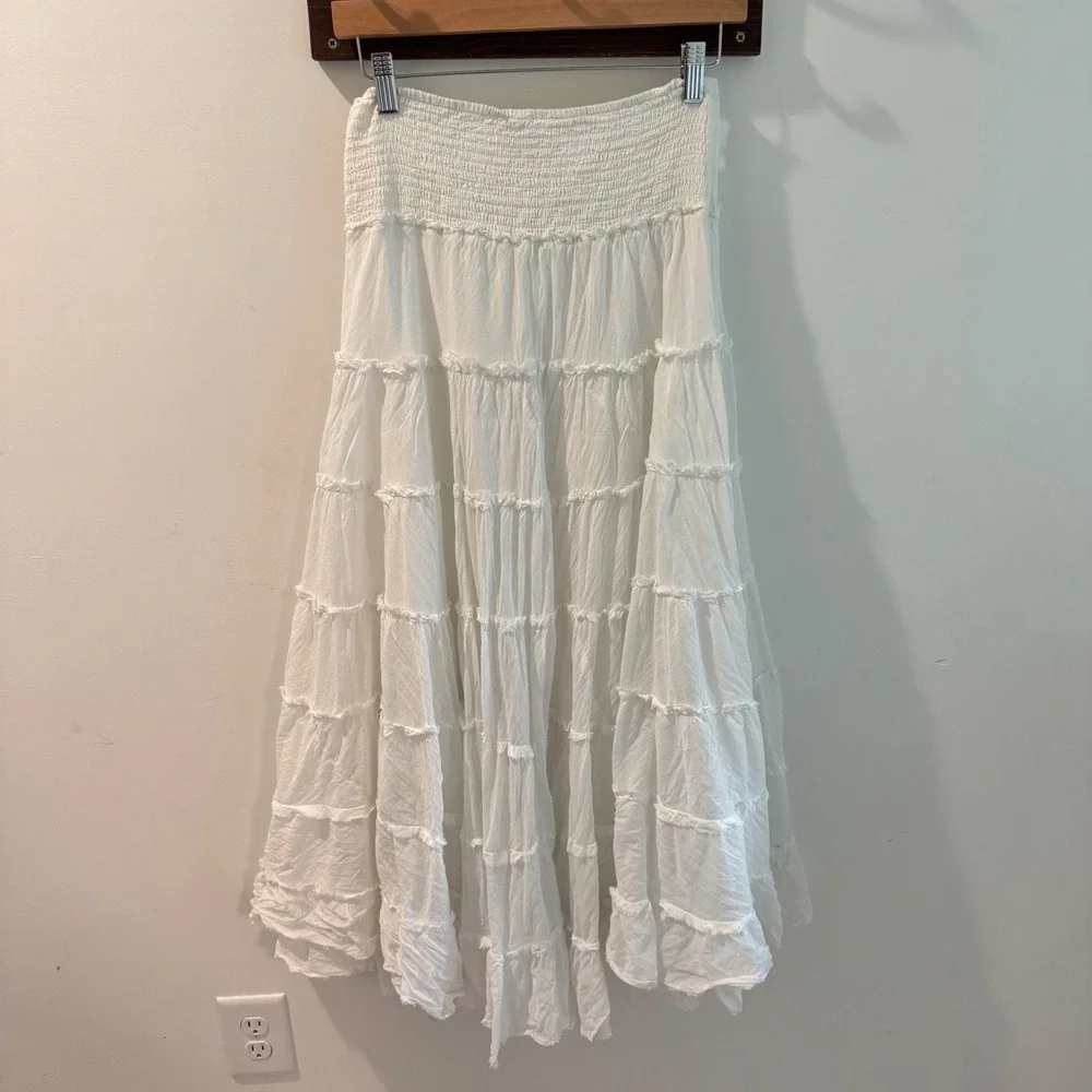 Free People White Cotton Gauze Tiered Maxi Skirt Smocked Waist OB986545 XS