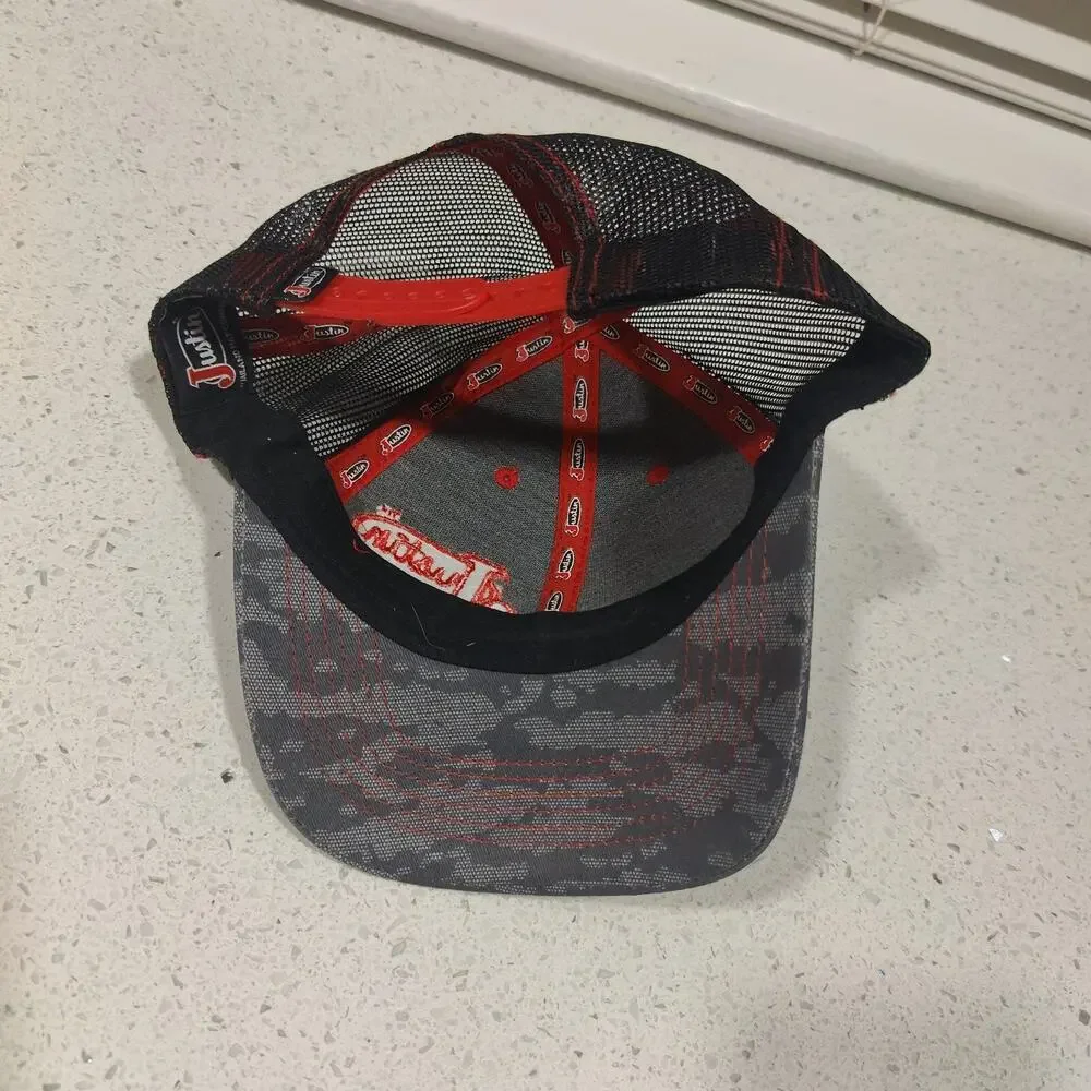 Justin Boots Hat Cap SnapBack Trucker Mesh Hat Gray Black Red Western Cowboy EUC