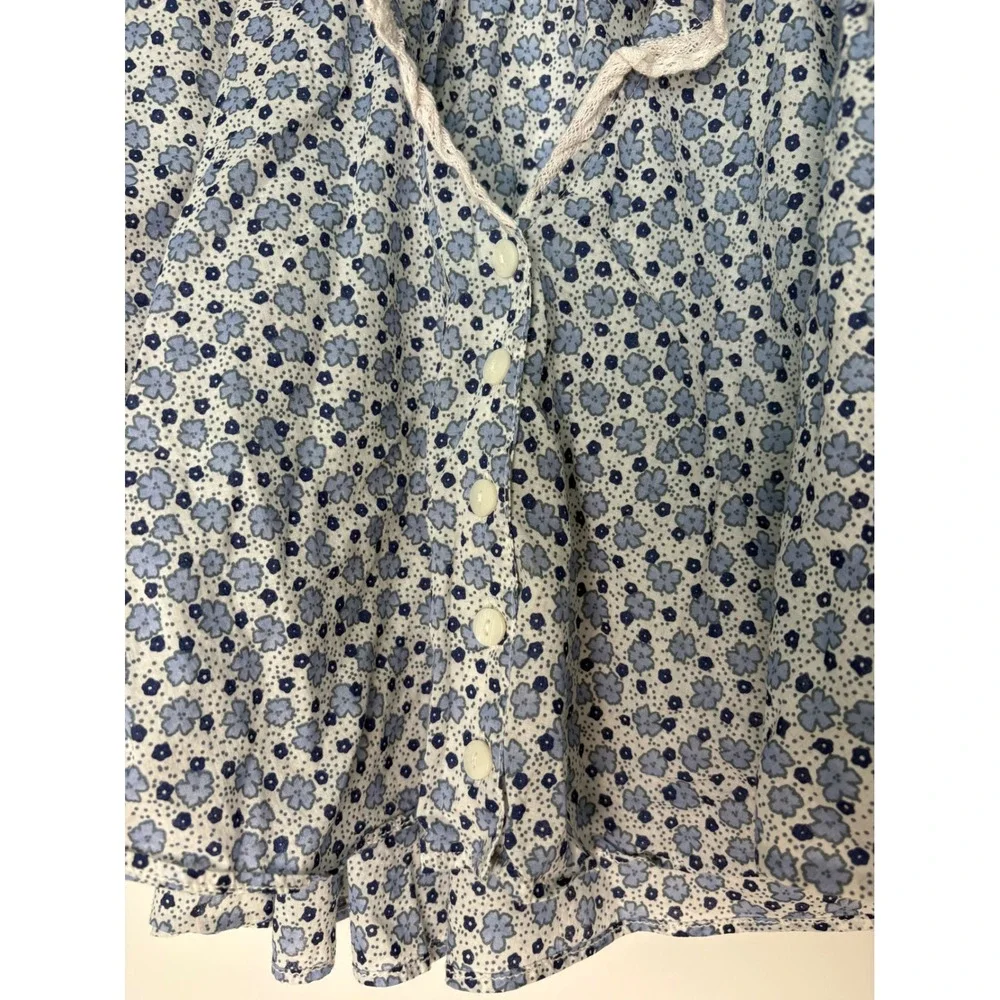 Free People Prairie Cottage Peter Pan Collar Blue Floral Lace Button Down Top S