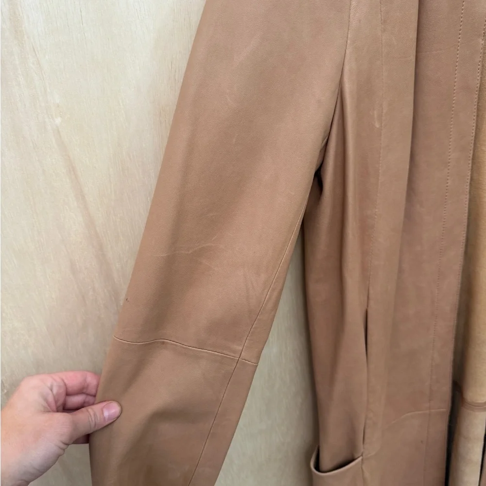 VINCE Genuine Leather Lightweight Open Front Collarless‎ Coat Jacket Tan 6