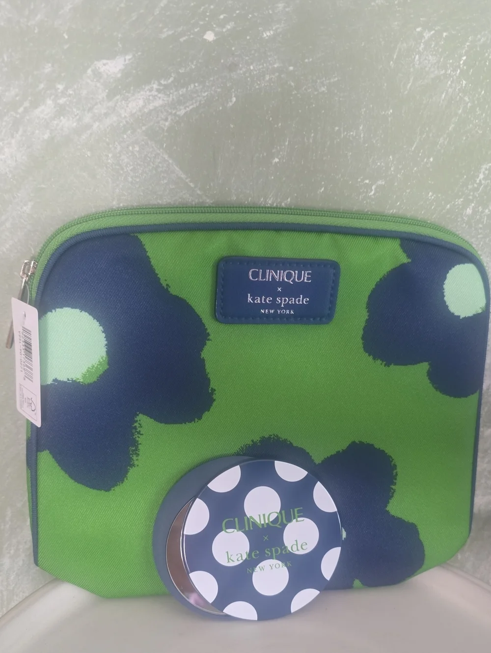 Clinique X Kate Spade  Green & Navy Floral Cosmetic Pouch & Compact Mirror New