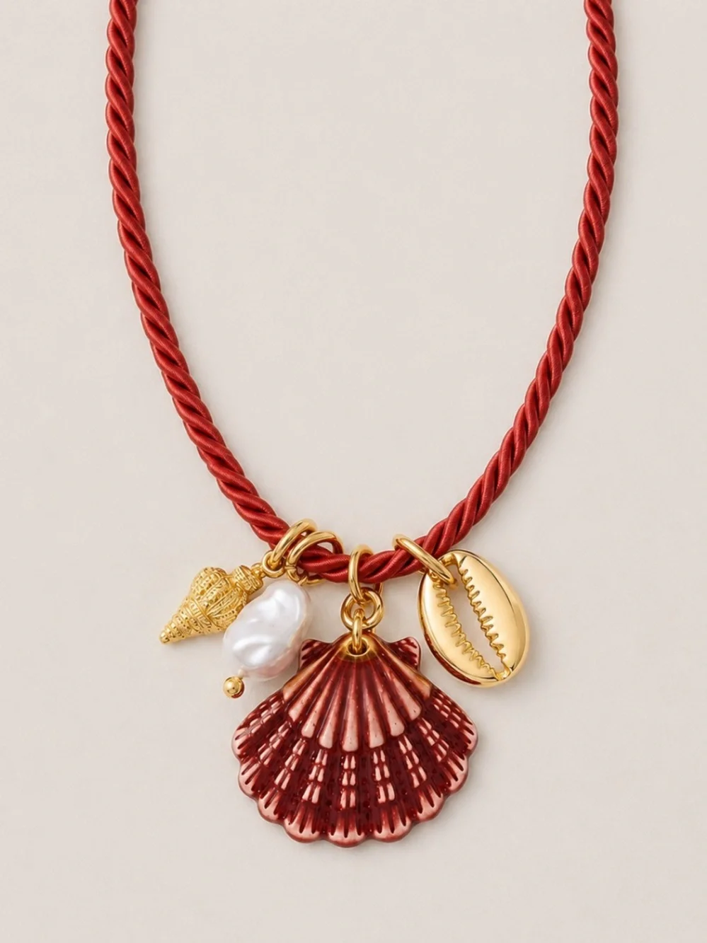 New! Coastal Red Cord Shell Pearl Charm Necklace NWOT