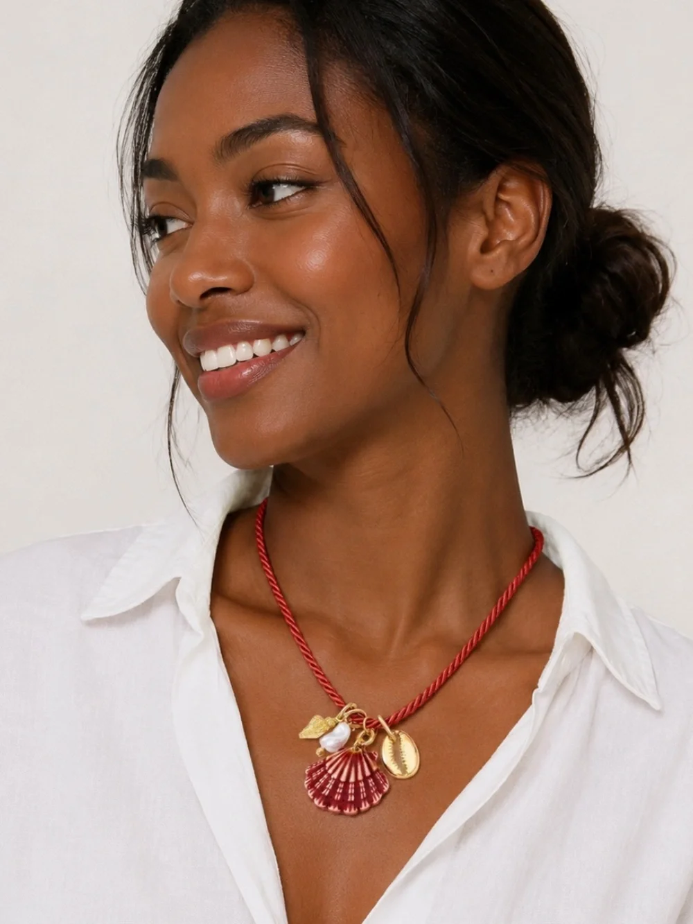 New! Coastal Red Cord Shell Pearl Charm Necklace NWOT