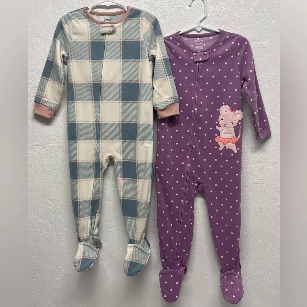 CARTER'S 2 Pack - 1 Pc Fleece Sleepwear Purple polka dots Balerina, Plaid - 2T