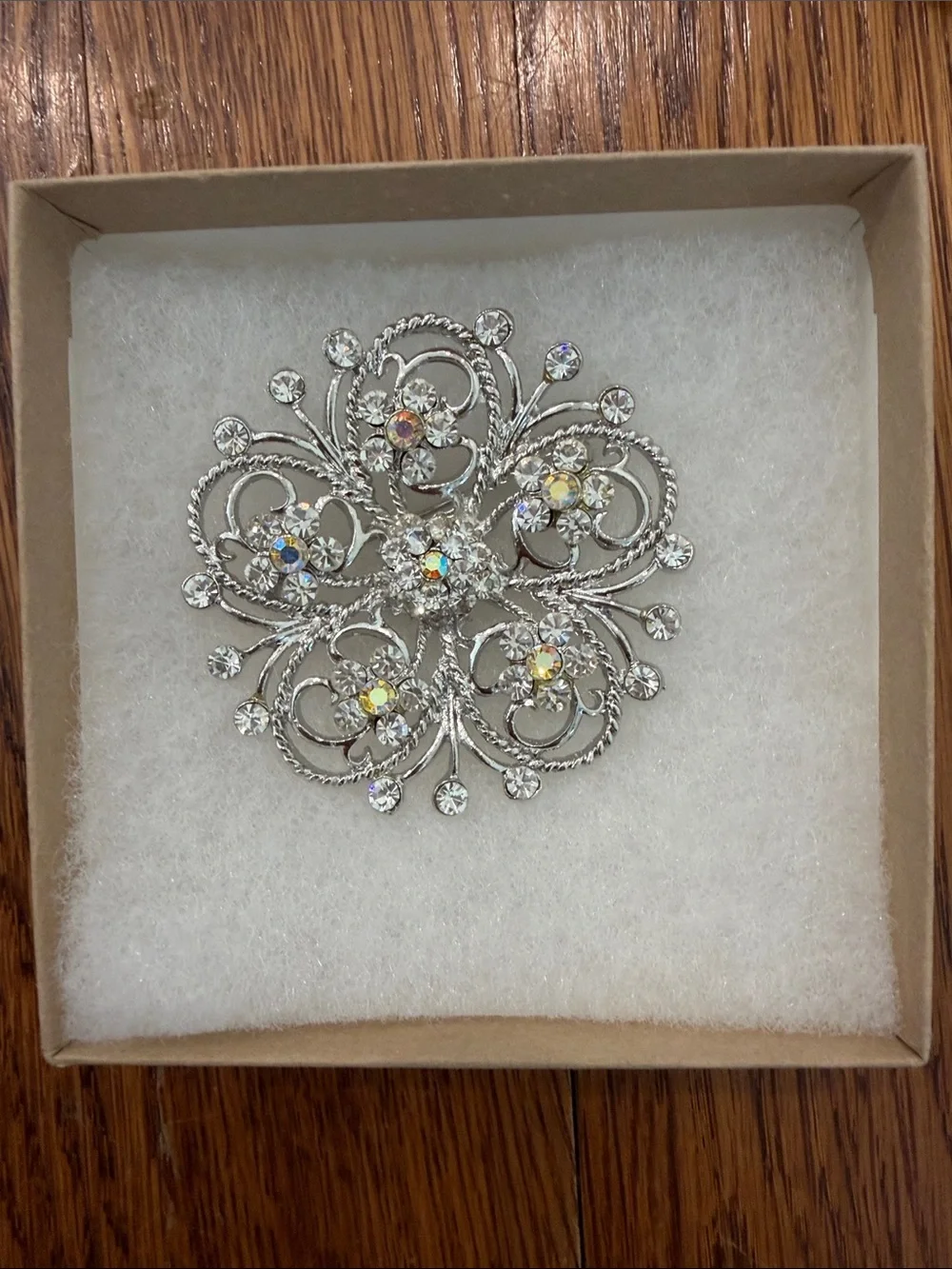 Silver Floral Crystal Brooch - Clear Rhinestone Accents