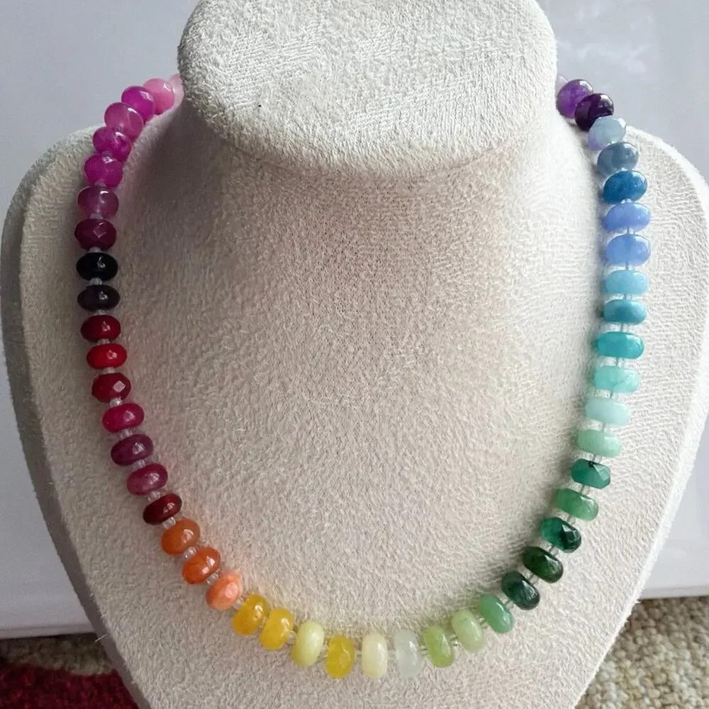 Ombre Rainbow Gemstone Necklace, Semi-Precious, Silver Tone Hardware, 16