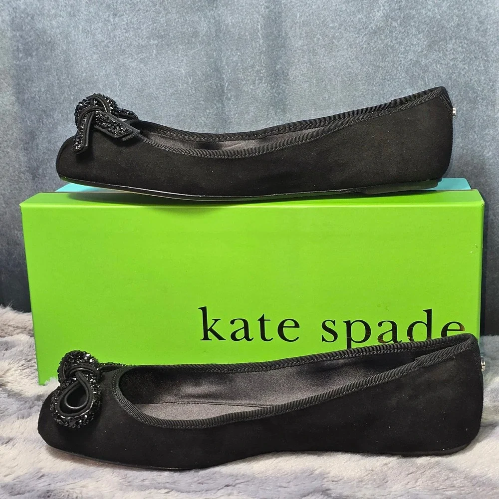 NWB Kate Spade Freya Ballet Flats Black Suede Crystal Bow‎ Women 9.5