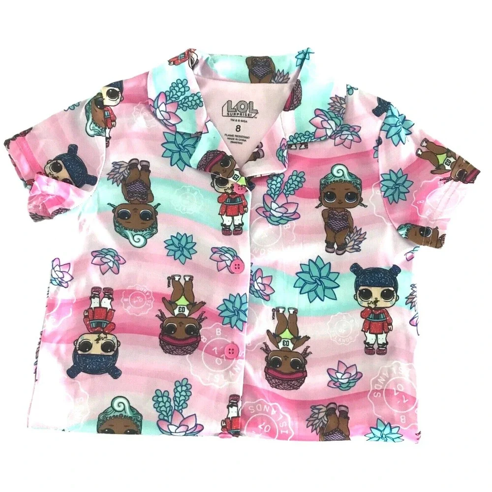 L.O.L. Surprise Girls Tropical Vacation Pink Button Front Pajamas Shorts Set 8