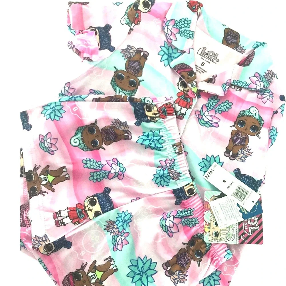 L.O.L. Surprise Girls Tropical Vacation Pink Button Front Pajamas Shorts Set 8