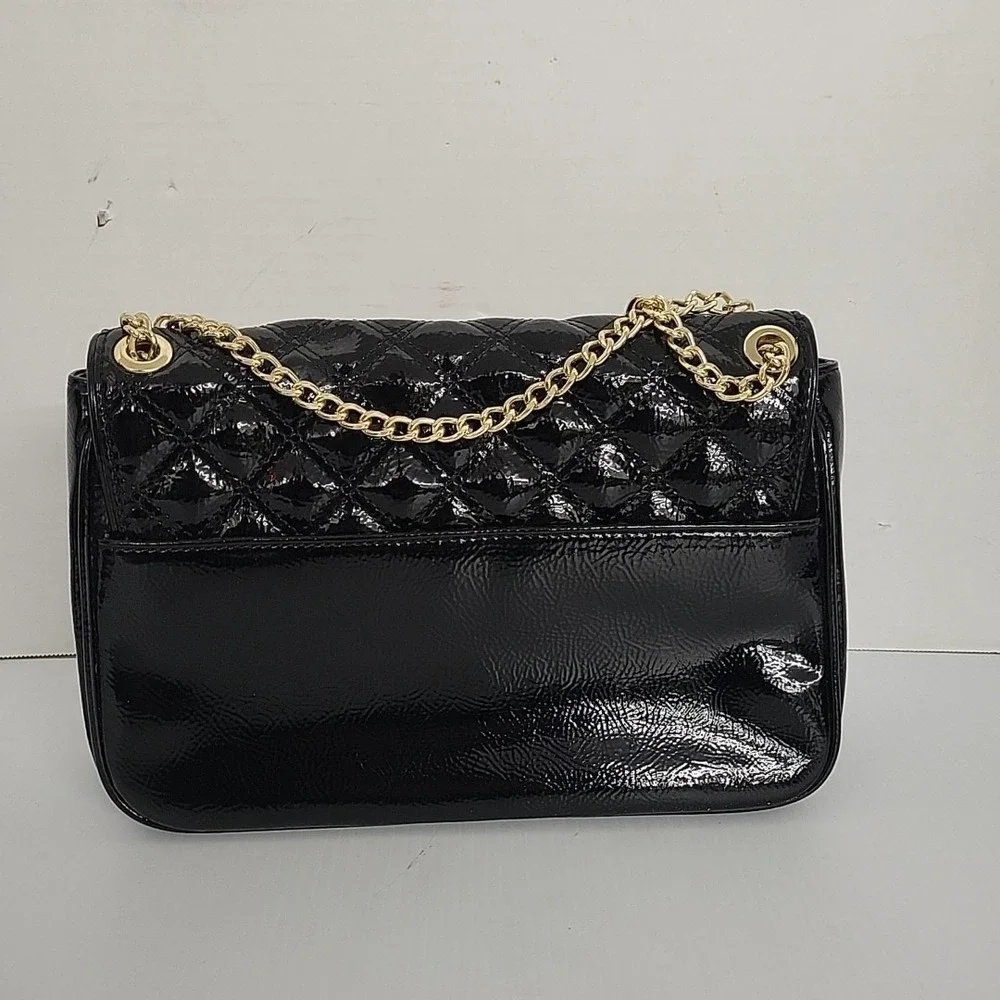 Anne Klein Quilted Black Patent Purse‎ Handbag Gold Chain Strap Vintage