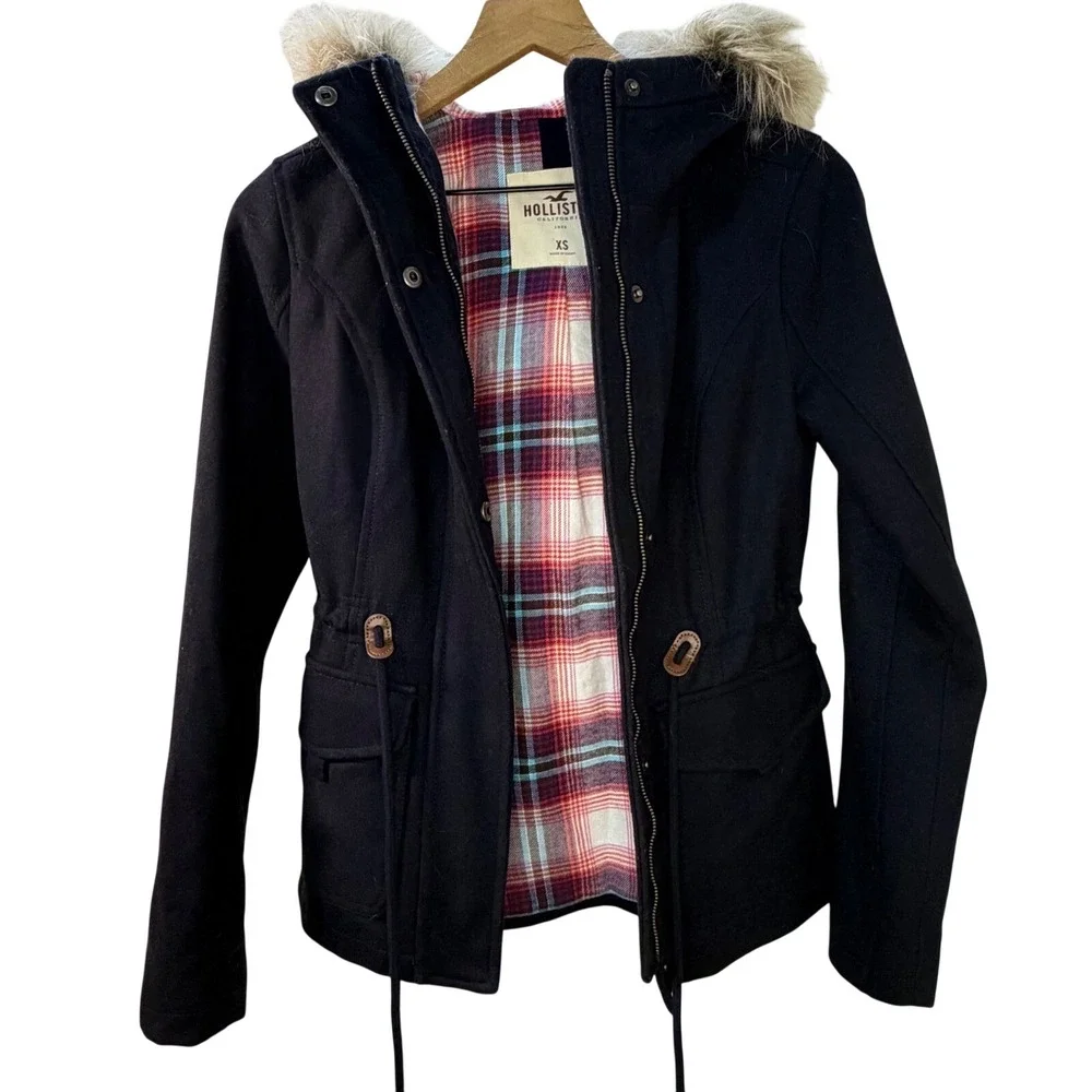 Hollister Navy Faux Fur Hood Lined‎ Jacket Womens XS